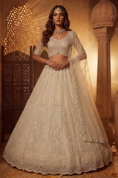 Ivory Net Embroidered Lehenga Set Ivory Net Embroidered Lehenga Set