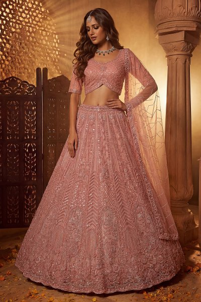 Peach Net Embroidered Lehenga Set Peach Net Embroidered Lehenga Set