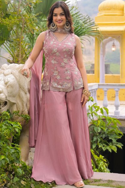 Dusky Pink Chinon Silk Hand Embroidered Peplum Kurti With Sharara & Choker Style Dupatta