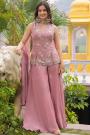 Dusky Pink Chinon Silk Hand Embroidered Peplum Kurti With Sharara & Choker Style Dupatta