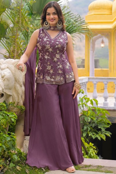 Plum Chinon Silk Hand Embroidered Peplum Kurti With Sharara & Choker Style Dupatta Plum Chinon Silk Hand Embroidered Peplum Kurti With Sharara & Choker Style Dupatta