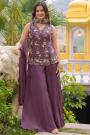 Plum Chinon Silk Hand Embroidered Peplum Kurti With Sharara & Choker Style Dupatta