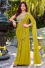 Pre-Draped Mustard Green Hand Embroidered Indowestern Georgette Saree With Blouse & Belt