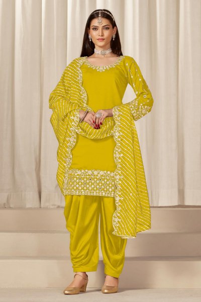 Lemon Yellow Silk Embroidered Kurta Set With Patiala Salwar