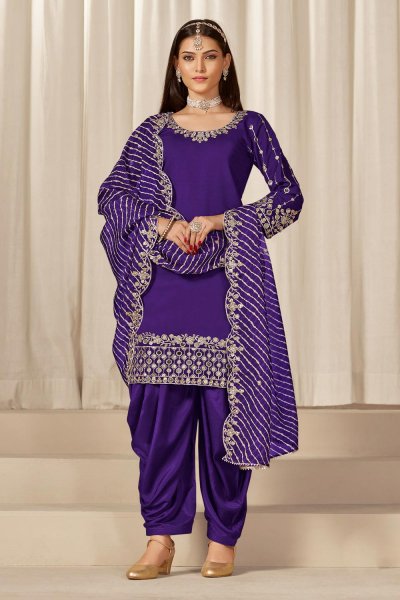 Violet Silk Embroidered Kurta Set With Patiala Salwar