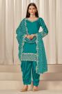 Teal Blue Silk Embroidered Kurta Set With Patiala Salwar