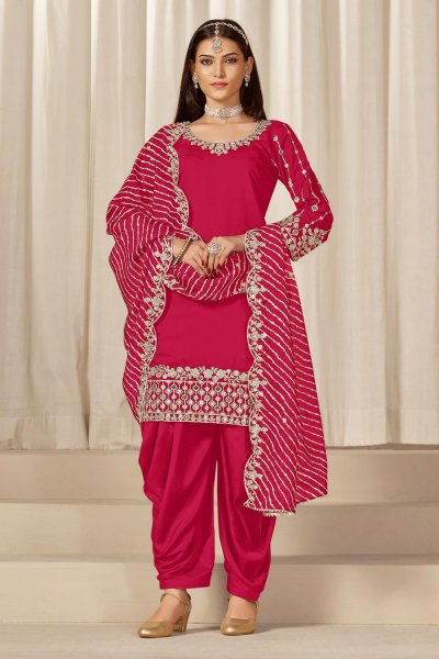 Fuchsia Pink Silk Embroidered Kurta Set With Patiala Salwar