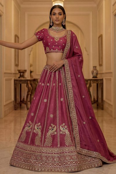 Dusky Red Silk Embroidered Lehenga Set