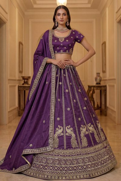Purple Silk Embroidered Lehenga Set