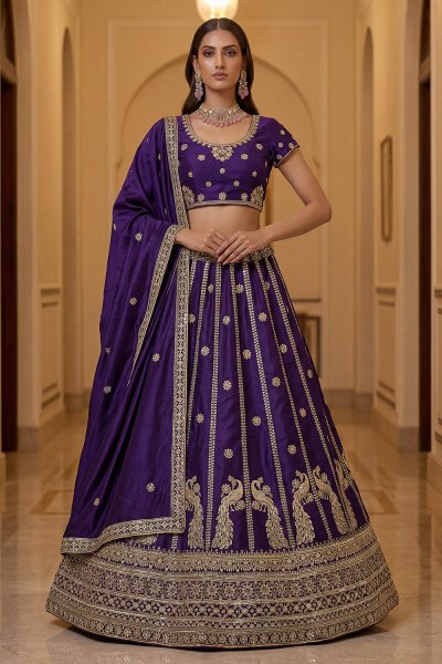 Violet Silk Embroidered Lehenga Set