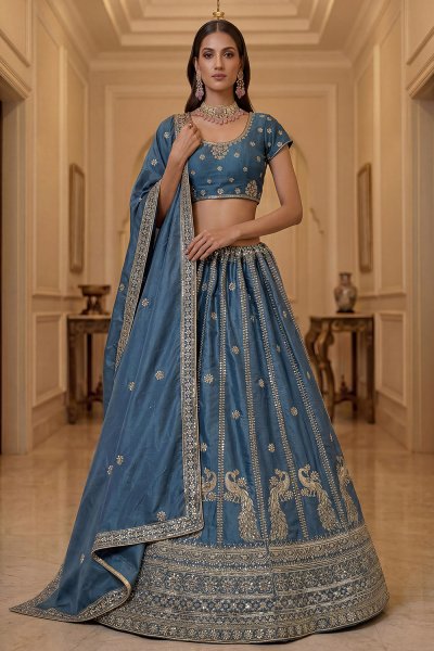 Dusky Blue Silk Embroidered Lehenga Set