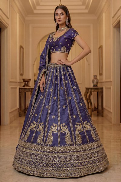 Cornflower Blue Silk Embroidered Lehenga Set