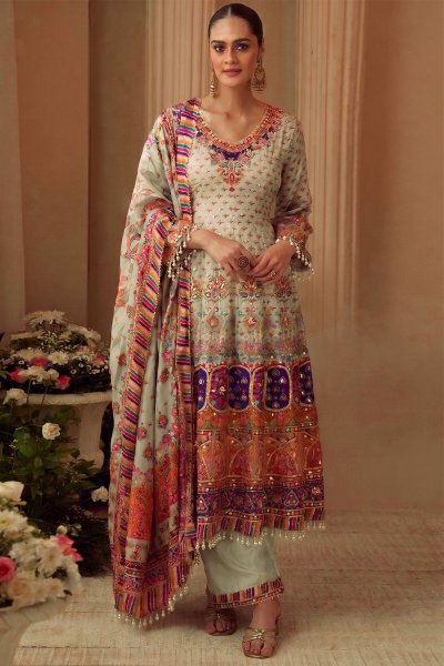 Grey Ivory & Multicolored Printed, Hand Embellished & Embroidered Crepe Silk A Line Kurta Set