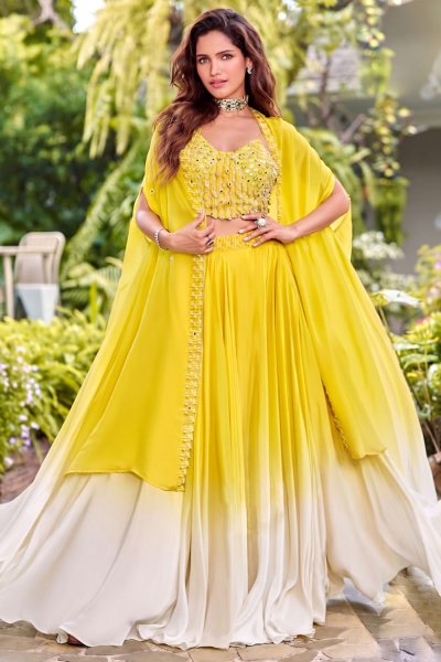 Lemon Yellow Ombre Georgette Hand Embroidered Indowestern Lehenga With Top & Dupatta Style Shrug Lemon Yellow Ombre Georgette Hand Embroidered Indowestern Lehenga With Top & Dupatta Style Shrug
