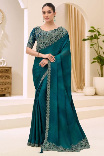 Teal Blue Satin Chiffon Embroidered Saree