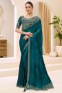 Teal Blue Satin Chiffon Embroidered Saree