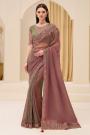 Dusky Peach & Green Ombre Georgette Embroidered Saree