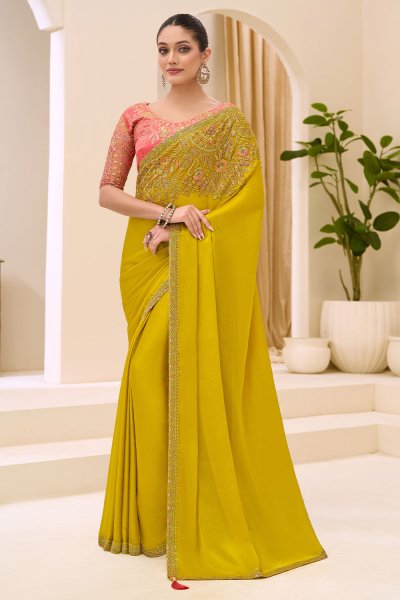 Lemon Yellow Satin Chiffon Embroidered Saree Lemon Yellow Satin Chiffon Embroidered Saree