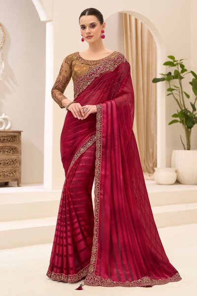 Cherry Red Georgette Satin Embroidered Saree Cherry Red Georgette Satin Embroidered Saree