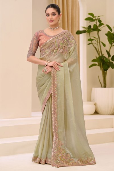 Sage Green Tissue Silk Embroidered Saree Sage Green Tissue Silk Embroidered Saree