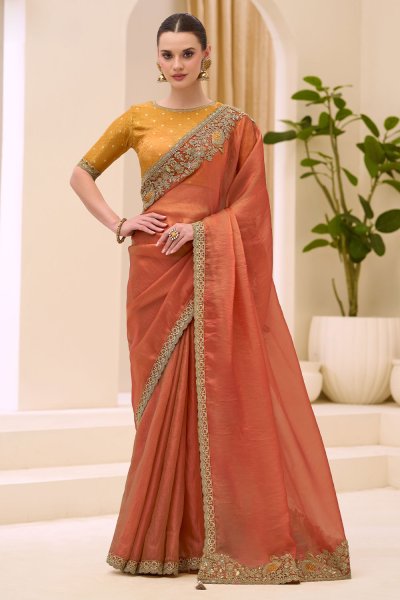 Burnt Orange Silk Embroidered Saree Burnt Orange Silk Embroidered Saree