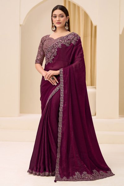 Wine Satin Silk Embroidered Saree Wine Satin Silk Embroidered Saree