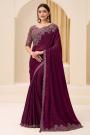 Wine Satin Silk Embroidered Saree