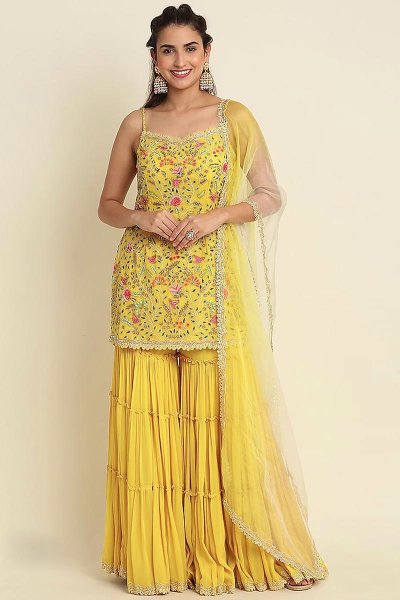 Mustard Georgette Embroidered Kurta Set With Sharara Mustard Georgette Embroidered Kurta Set With Sharara