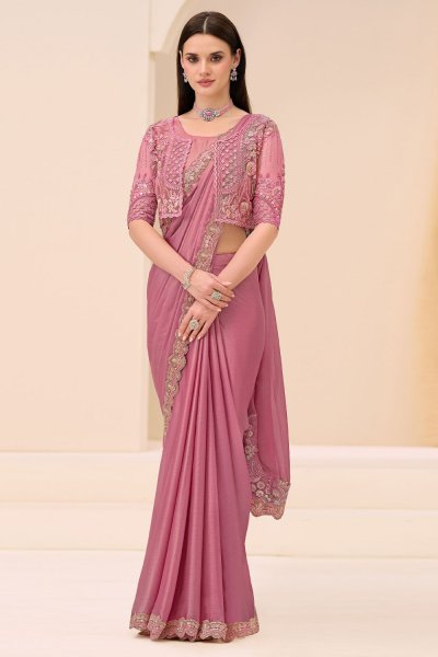 Rosewood Pink Satin Embroidered Saree With Jacket Rosewood Pink Satin Embroidered Saree With Jacket