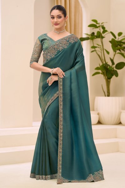 Teal Green Tissue Silk Embroidered Saree Teal Green Tissue Silk Embroidered Saree