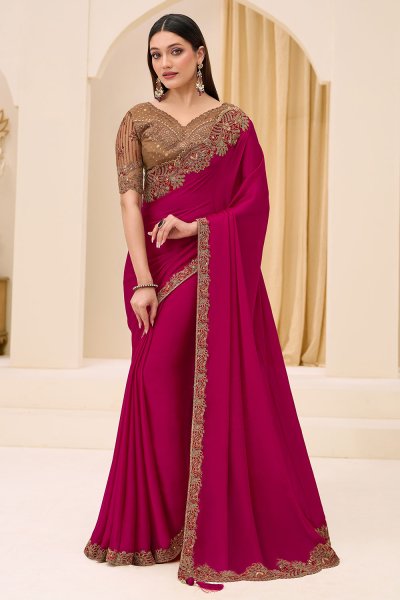 Cherry Red Satin Georgette Embroidered Saree Cherry Red Satin Georgette Embroidered Saree