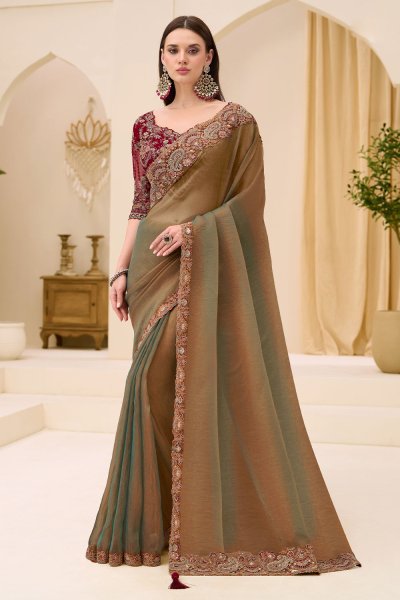 Olive Green Georgette Tissue Silk Embroidered Saree Olive Green Georgette Tissue Silk Embroidered Saree