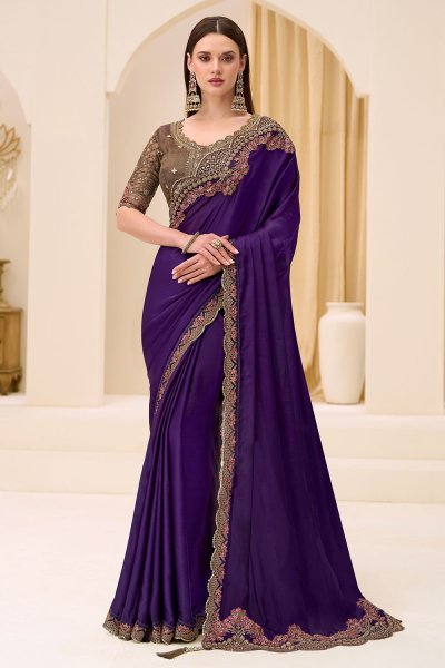 Violet Satin Chiffon Embroidered Saree Violet Satin Chiffon Embroidered Saree