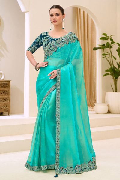 Sea Green Georgette Tissue Silk Embroidered Saree Sea Green Georgette Tissue Silk Embroidered Saree