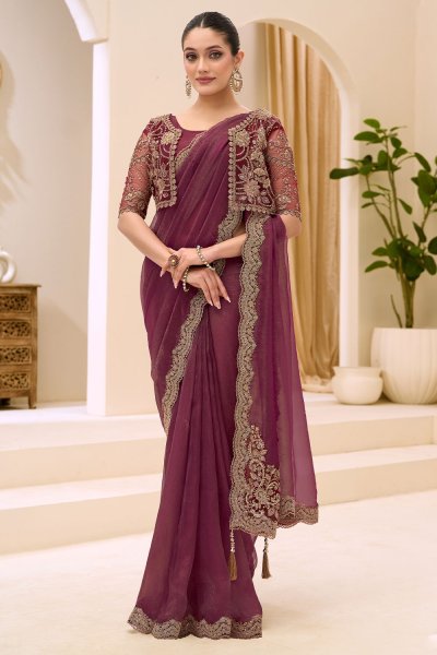 Wine Georgette Tissue Silk Embroidered Saree With Jacket Style Blouse Wine Georgette Tissue Silk Embroidered Saree With Jacket Style Blouse