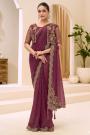 Wine Georgette Tissue Silk Embroidered Saree With Jacket Style Blouse