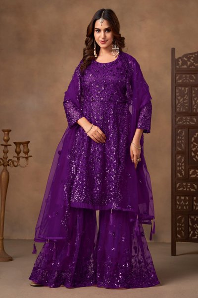 Purple Net Embroidered Sharara Kurta Set Purple Net Embroidered Sharara Kurta Set