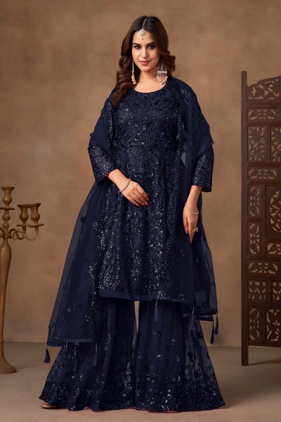 Deep Navy Net Embroidered Sharara Kurta Set Deep Navy Net Embroidered Sharara Kurta Set