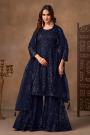 Deep Navy Net Embroidered Sharara Kurta Set