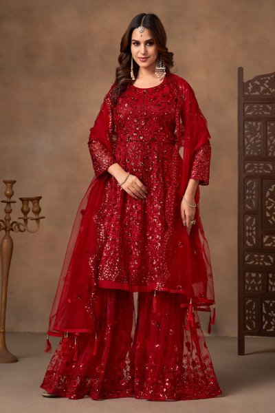 Red Net Embroidered Sharara Kurta Set Red Net Embroidered Sharara Kurta Set