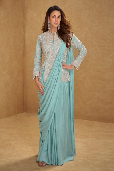 Pre-Draped Aqua Blue Chinon Silk Saree With Embroidered Long Blouse Pre-Draped Aqua Blue Chinon Silk Saree With Embroidered Long Blouse