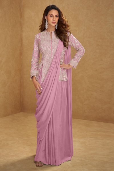 Pre-Draped Mauve Pink Chinon Silk Saree With Embroidered Long Blouse Pre-Draped Mauve Pink Chinon Silk Saree With Embroidered Long Blouse