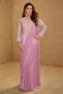 Pre-Draped Mauve Pink Chinon Silk Saree With Embroidered Long Blouse