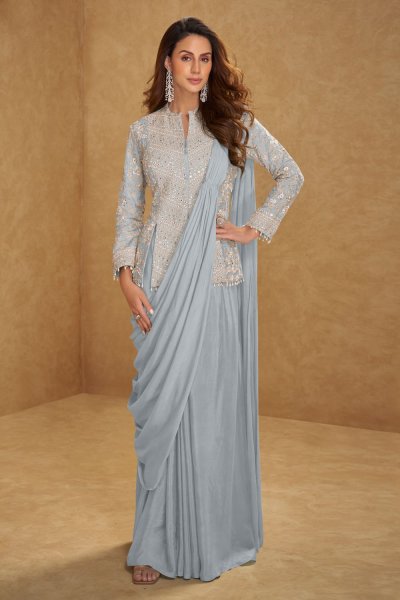 Pre-Draped Silver Grey Chinon Silk Saree With Embroidered Long Blouse Pre-Draped Silver Grey Chinon Silk Saree With Embroidered Long Blouse