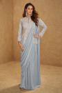 Pre-Draped Silver Grey Chinon Silk Saree With Embroidered Long Blouse