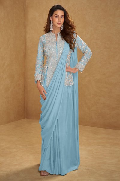 Pre-Draped Sky Blue Chinon Silk Saree With Embroidered Long Blouse Pre-Draped Sky Blue Chinon Silk Saree With Embroidered Long Blouse