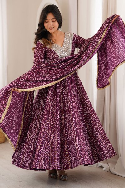 Plum Rayon Printed & Embroidered Anarkali Set Plum Rayon Printed & Embroidered Anarkali Set