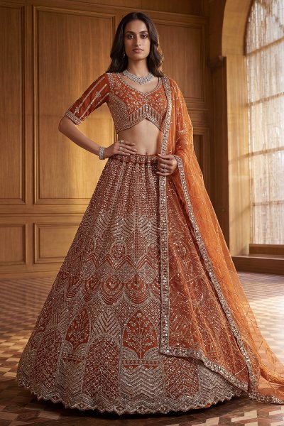Burnt Orange Net Embroidered Lehenga Set Burnt Orange Net Embroidered Lehenga Set