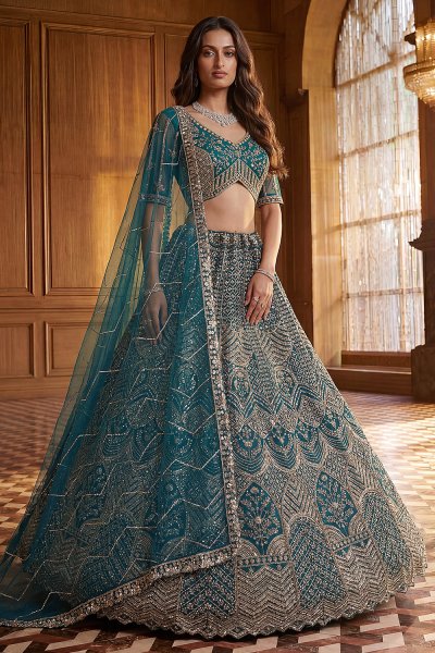 Teal Blue Net Embroidered Lehenga Set