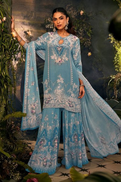 Soft Sky Blue Crepe Silk Printed & Embellished Sharara Kurta Set